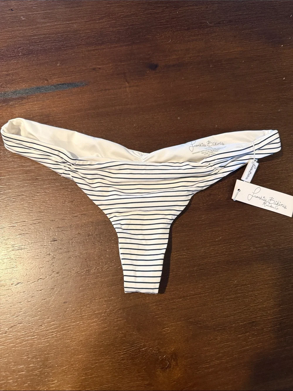 Frankie’s Bikinis Striped White & Navy Thong Bikini Bottom